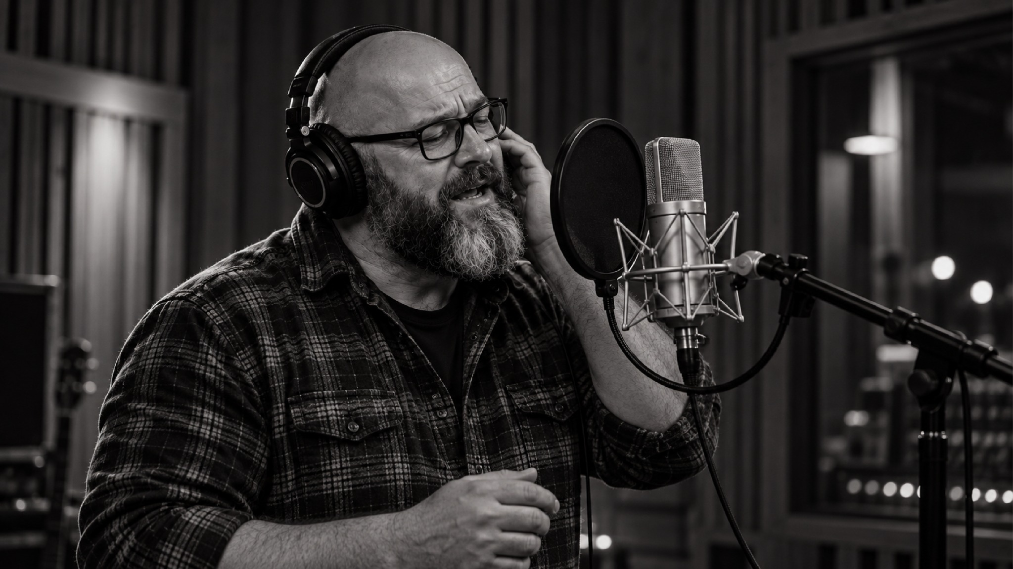 Evan Cross recording vocals in the studio