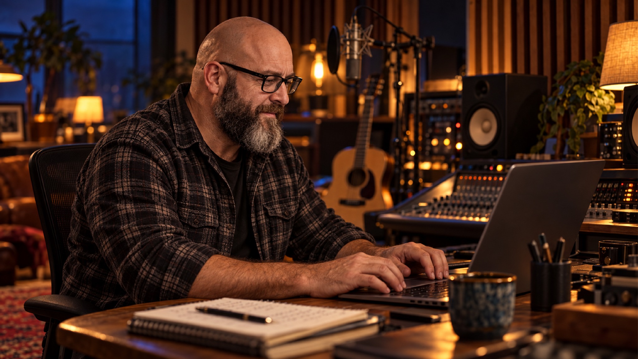Evan Cross writing song lyrics in the studio
